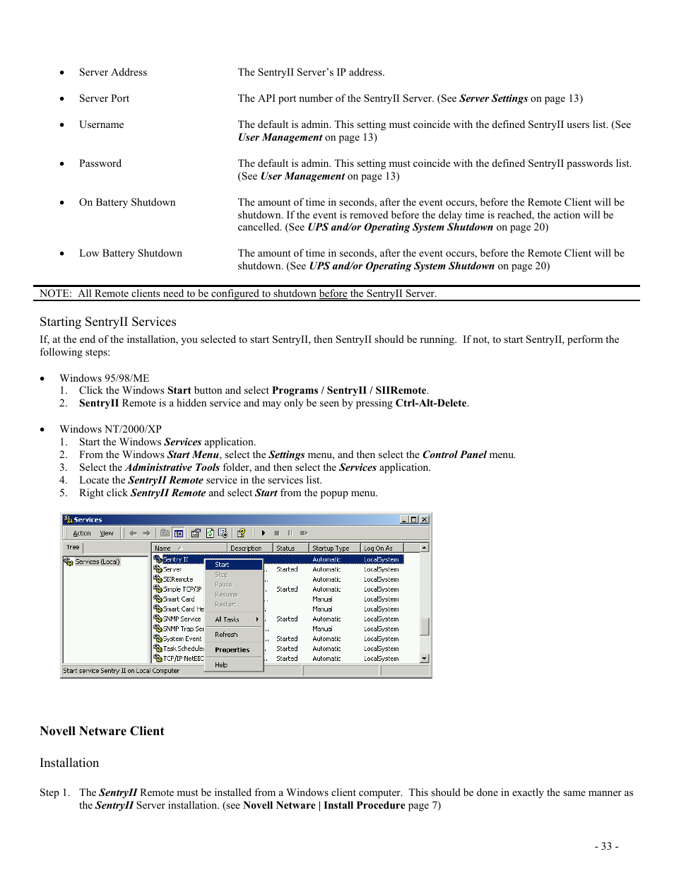 Starting sentryii services, Novell netware client, Installation | Ovell, Etware, Lient | Minuteman UPS SentryII UPS User Manual | Page 33 / 37