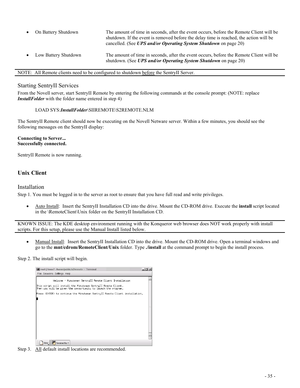 Starting sentryii services, Unix client, Installation | Lient | Minuteman UPS SentryII UPS User Manual | Page 35 / 37