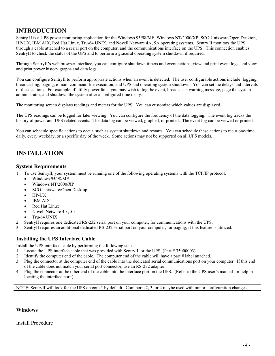 Introduction, Installation, System requirements | Installing the ups interface cable, Windows, Install procedure, Ystem, Equirements, Nstalling the, Ups i | Minuteman UPS SentryII UPS User Manual | Page 4 / 37