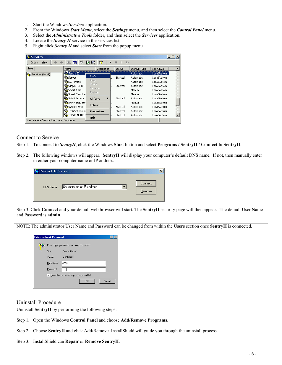 Connect to service, Uninstall procedure | Minuteman UPS SentryII UPS User Manual | Page 6 / 37