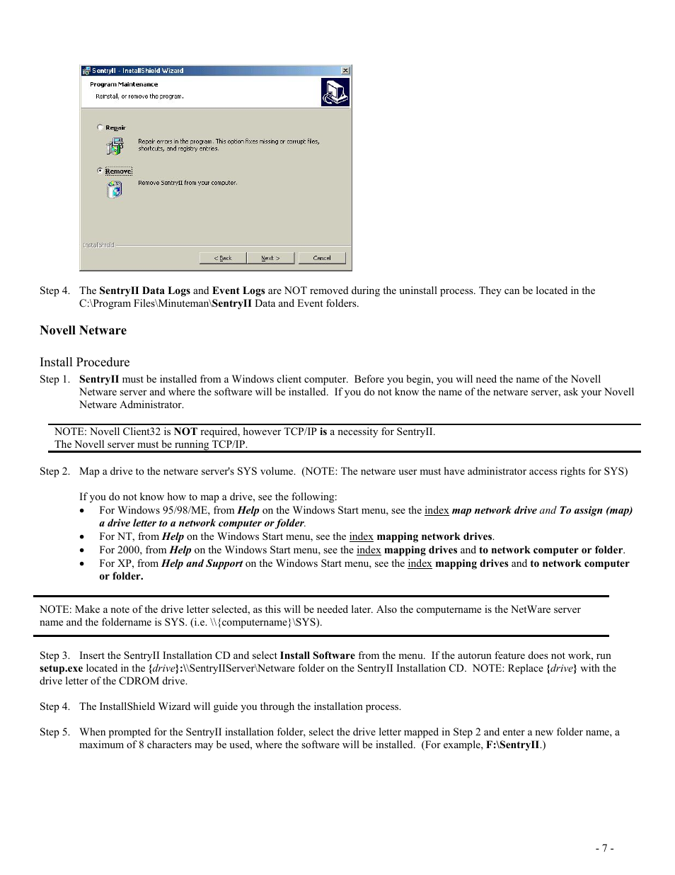 Novell netware, Install procedure, Ovell | Etware | Minuteman UPS SentryII UPS User Manual | Page 7 / 37