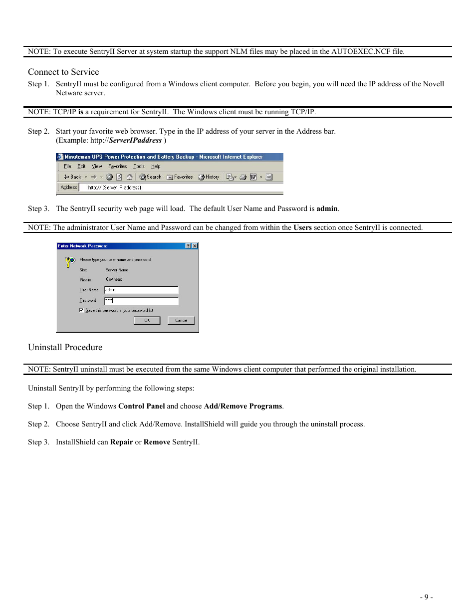 Connect to service, Uninstall procedure | Minuteman UPS SentryII UPS User Manual | Page 9 / 37