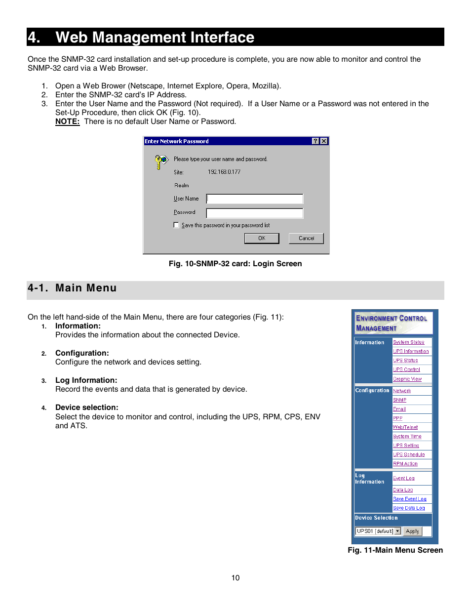 Web management interface, 1. main menu | Minuteman UPS SNMP-32 Series User Manual | Page 10 / 40