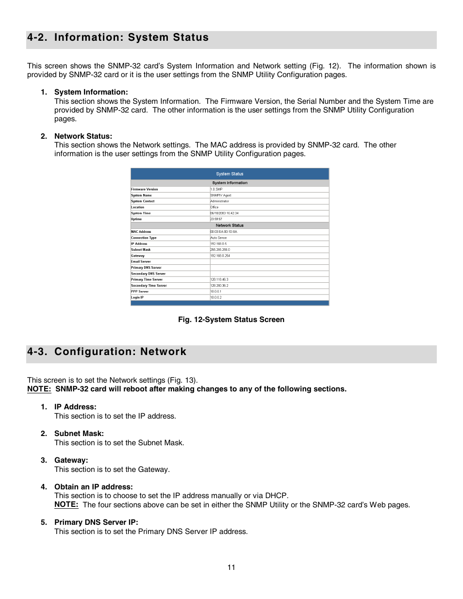 2. information: system status, 3. configuration: network | Minuteman UPS SNMP-32 Series User Manual | Page 11 / 40