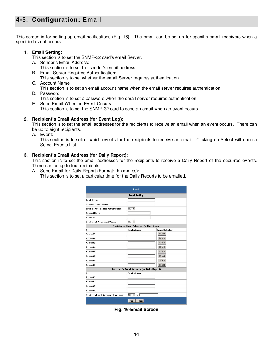 5. configuration: email | Minuteman UPS SNMP-32 Series User Manual | Page 14 / 40