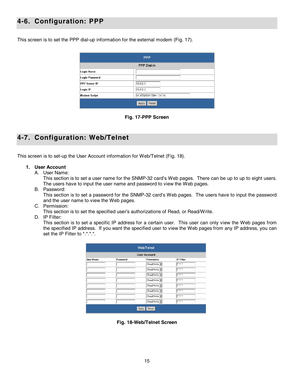 6. configuration: ppp, 7. configuration: web/telnet | Minuteman UPS SNMP-32 Series User Manual | Page 15 / 40