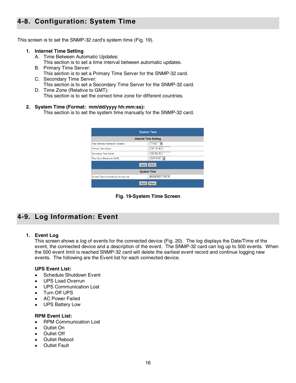 8. configuration: system time, 9. log information: event | Minuteman UPS SNMP-32 Series User Manual | Page 16 / 40