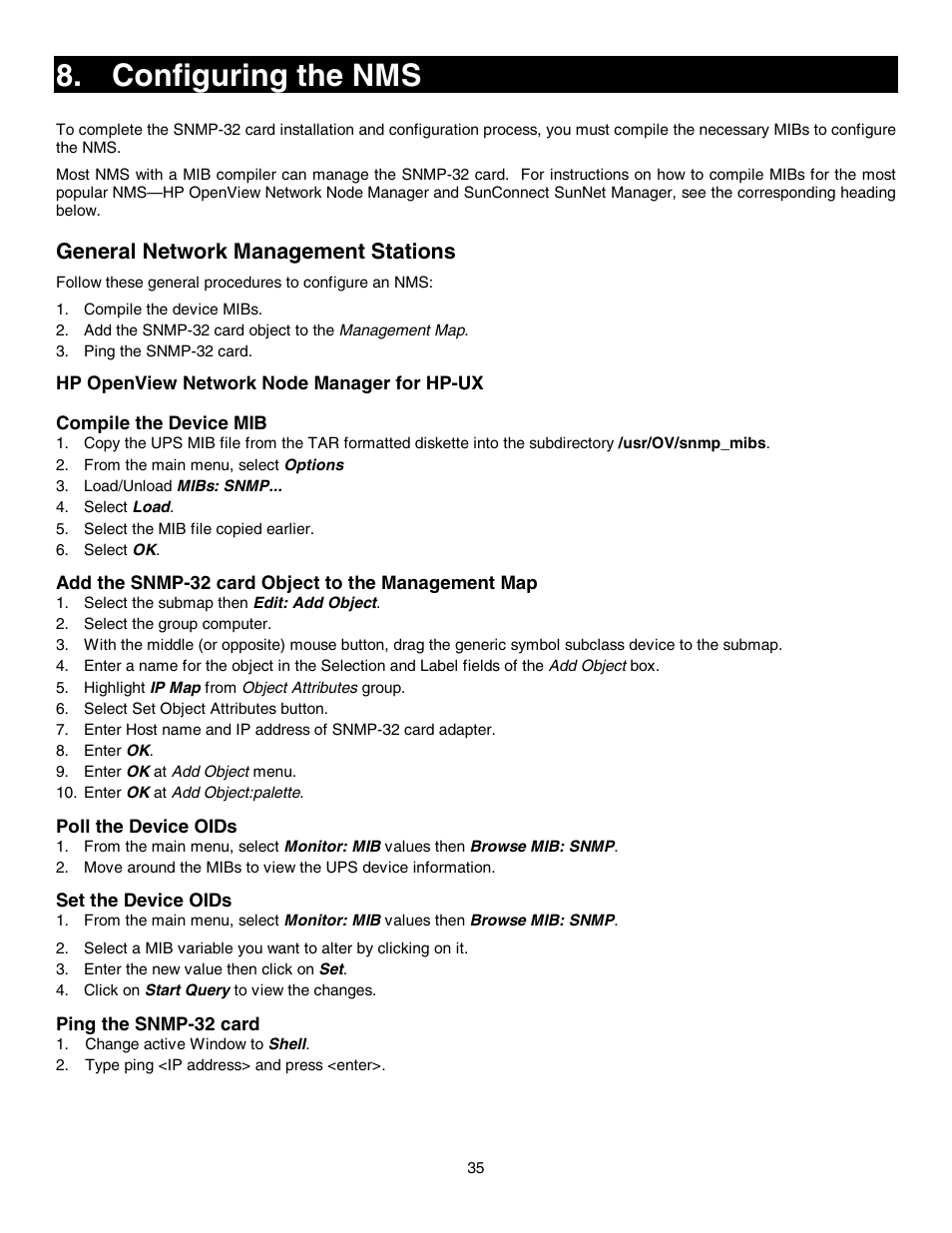 Configuring the nms, General network management stations | Minuteman UPS SNMP-32 Series User Manual | Page 35 / 40