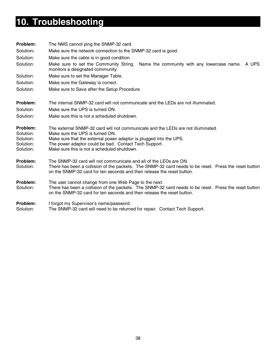 Troubleshooting | Minuteman UPS SNMP-32 Series User Manual | Page 38 / 40