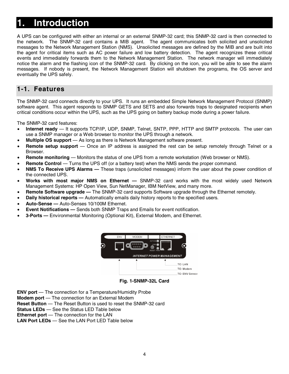 Introduction, 1. features | Minuteman UPS SNMP-32 Series User Manual | Page 4 / 40