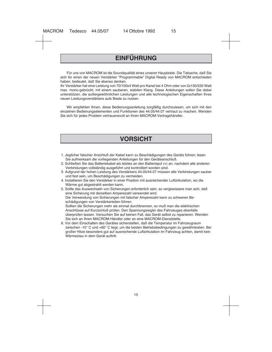 Einführung, Vorsicht | Macrom 44.05 User Manual | Page 13 / 44