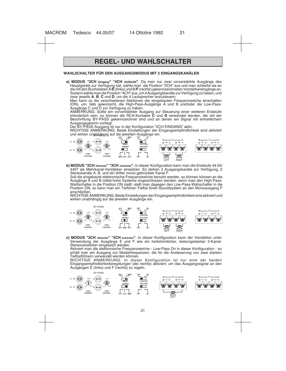 Regel- und wahlschalter, B) modus "2ch, C) modus "2ch | Macrom 44.05 User Manual | Page 19 / 44