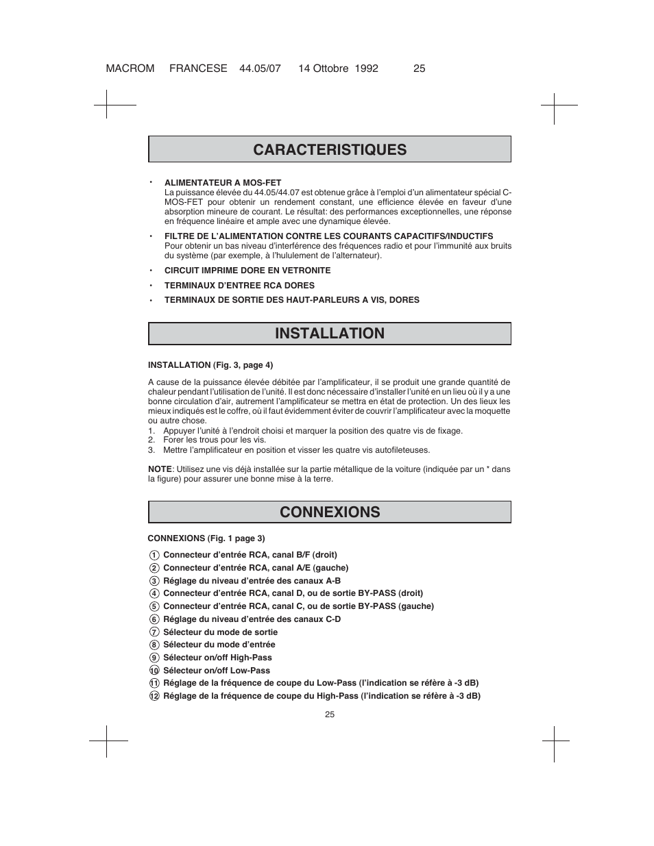 Caracteristiques, Installation, Connexions | Macrom 44.05 User Manual | Page 23 / 44