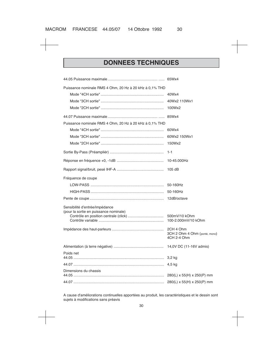 Donnees techniques | Macrom 44.05 User Manual | Page 28 / 44