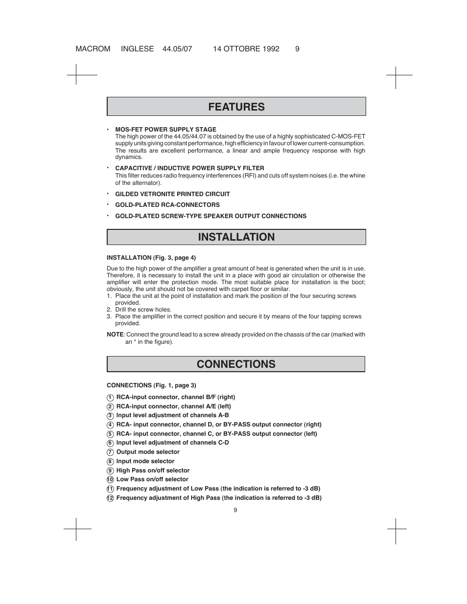 Features, Installation connections | Macrom 44.05 User Manual | Page 7 / 44