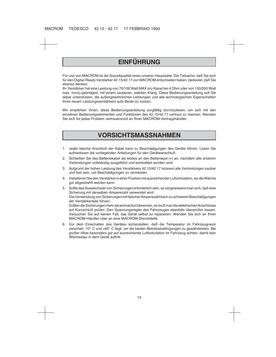 Vorsichtsmassnahmen, Einführung | Macrom 42.26 User Manual | Page 12 / 37
