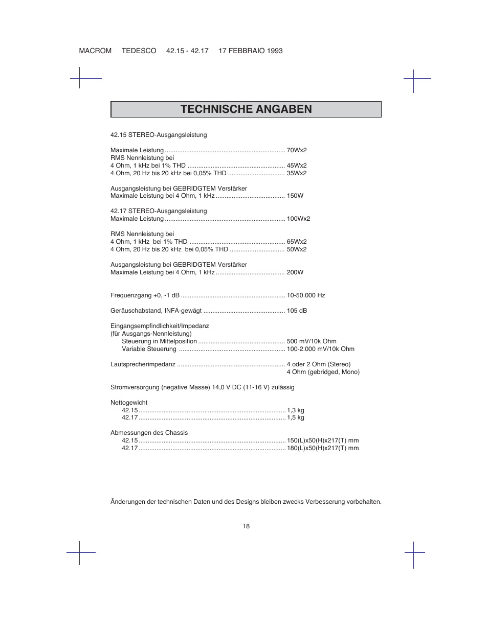 Technische angaben | Macrom 42.26 User Manual | Page 17 / 37