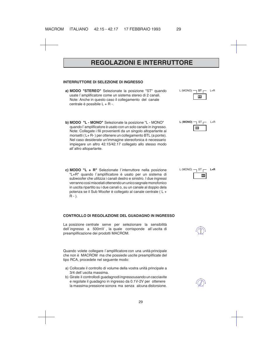 Regolazioni e interruttore | Macrom 42.26 User Manual | Page 28 / 37