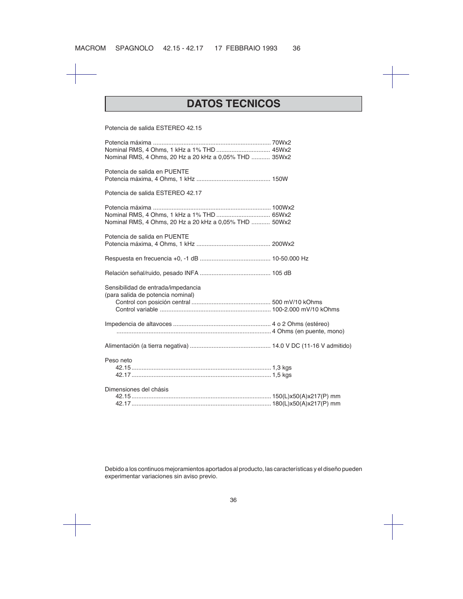 Datos tecnicos | Macrom 42.26 User Manual | Page 35 / 37