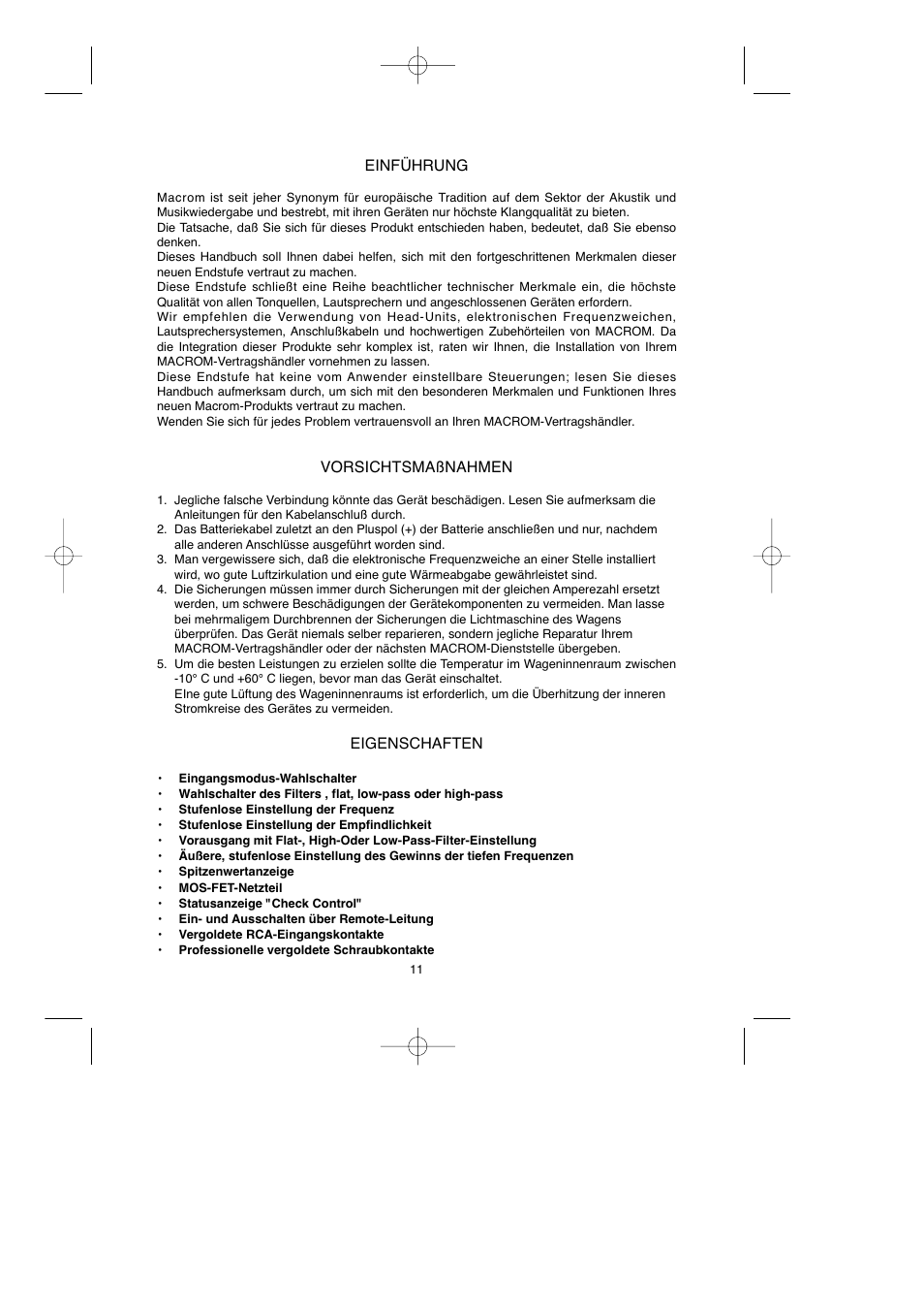 Einführung, Vorsichtsmaßnahmen, Eigenschaften | Macrom Syn Tech 2.100x User Manual | Page 11 / 30