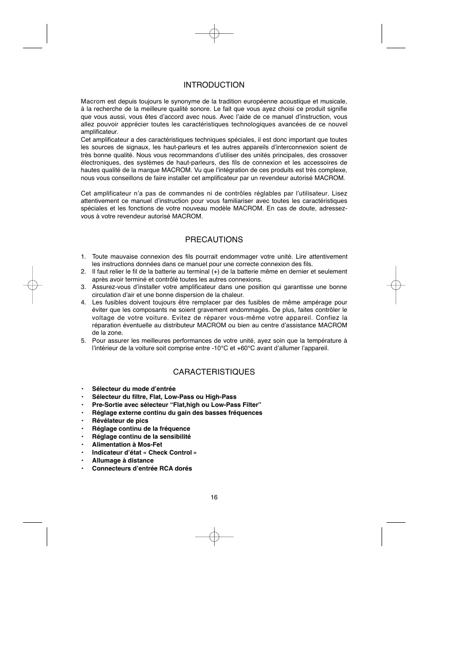 Introduction, Precautions, Caracteristiques | Macrom Syn Tech 2.100x User Manual | Page 16 / 30