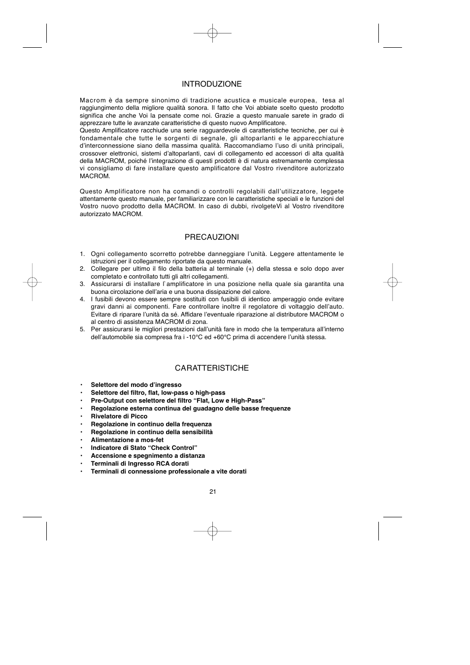 Introduzione, Precauzioni, Caratteristiche | Macrom Syn Tech 2.100x User Manual | Page 21 / 30