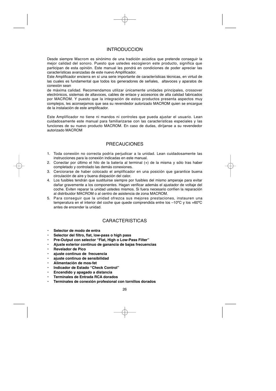 Introduccion, Precauciones, Caracteristicas | Macrom Syn Tech 2.100x User Manual | Page 26 / 30