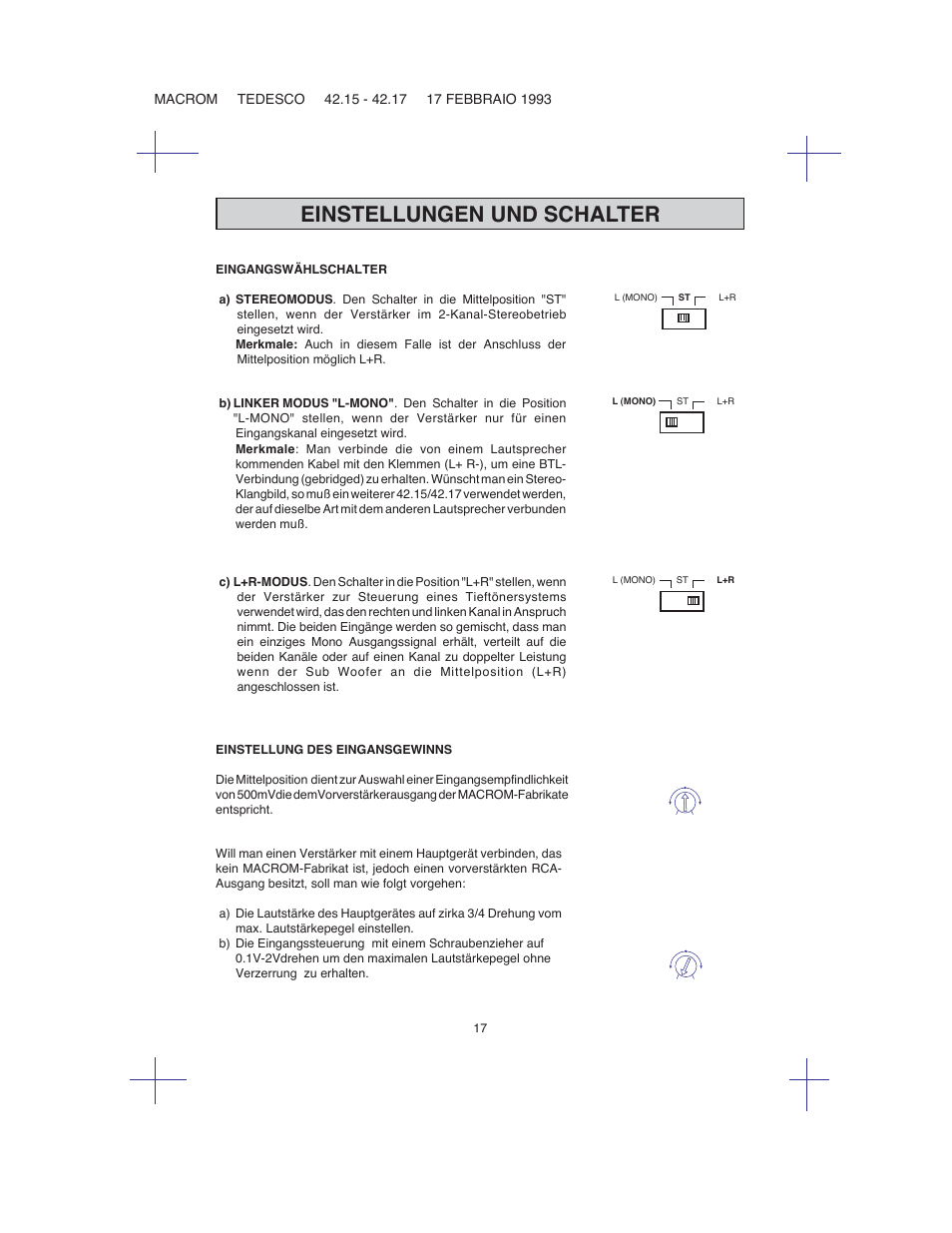 Einstellungen und schalter | Macrom 42.15 User Manual | Page 16 / 37