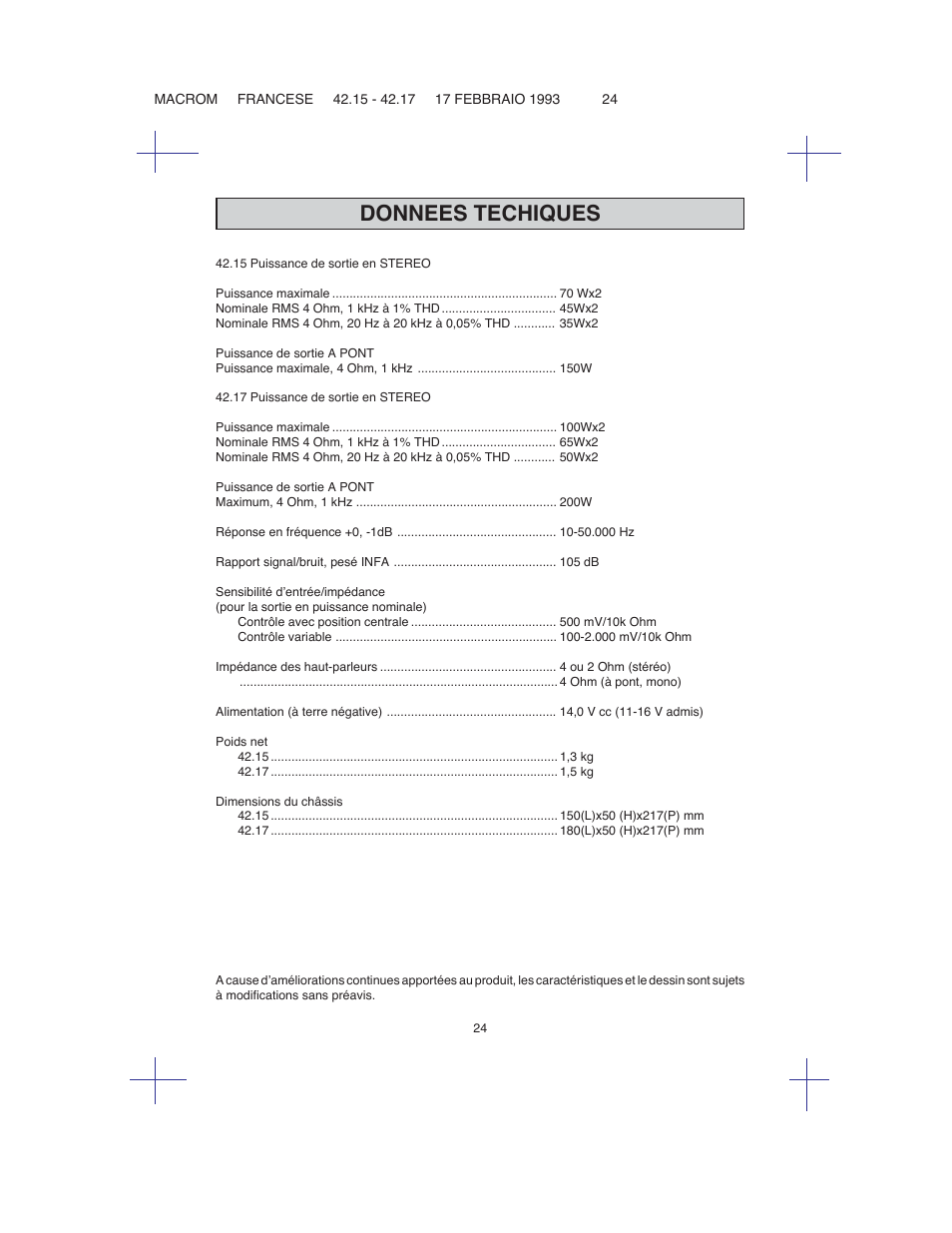 Donnees techiques | Macrom 42.15 User Manual | Page 23 / 37