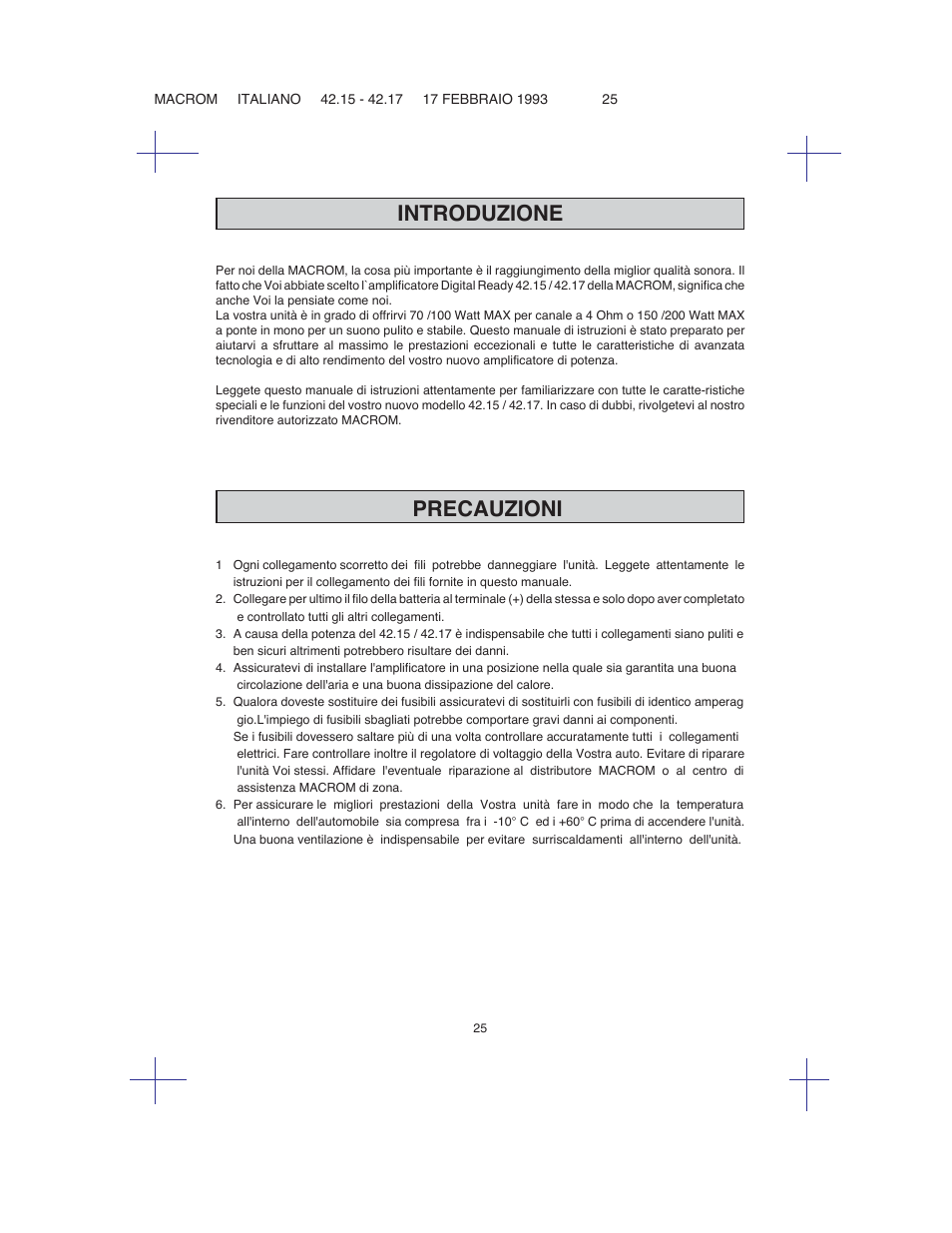 Introduzione, Precauzioni | Macrom 42.15 User Manual | Page 24 / 37