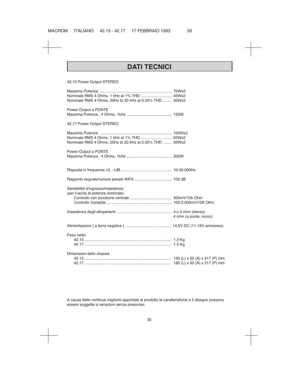 Dati tecnici | Macrom 42.15 User Manual | Page 29 / 37