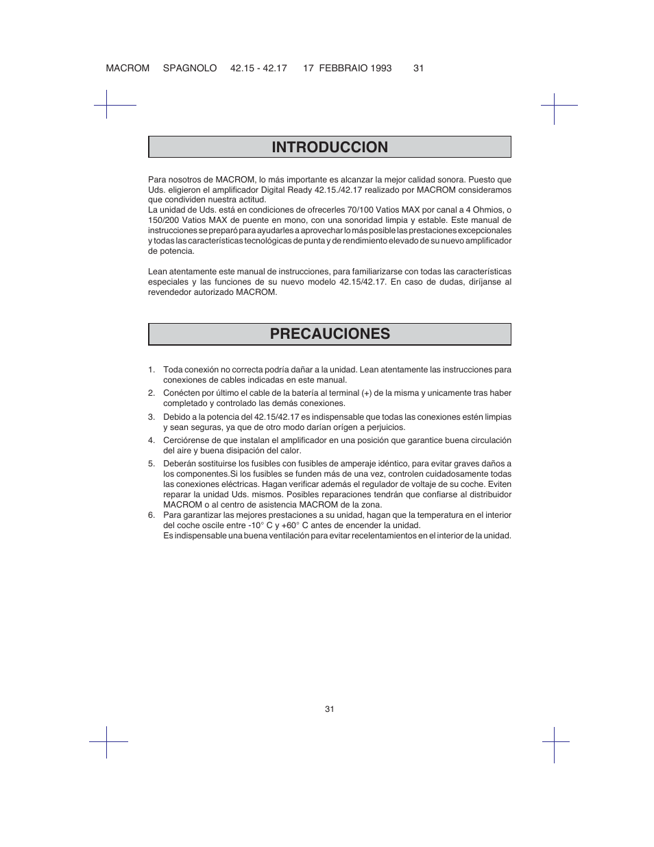 Introduccion, Precauciones | Macrom 42.15 User Manual | Page 30 / 37