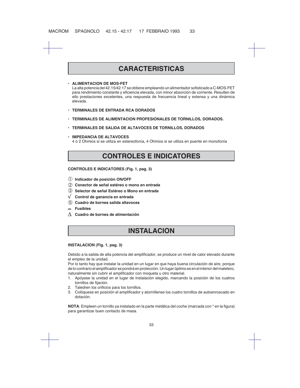 Caracteristicas, Controles e indicatores, Instalacion | Macrom 42.15 User Manual | Page 32 / 37