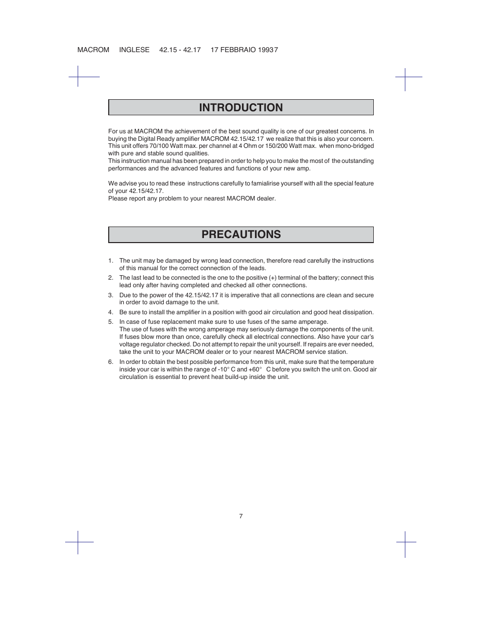 Precautions, Introduction | Macrom 42.15 User Manual | Page 6 / 37