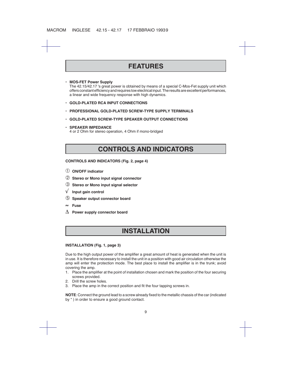 Features, Controls and indicators, Installation | Macrom 42.15 User Manual | Page 8 / 37