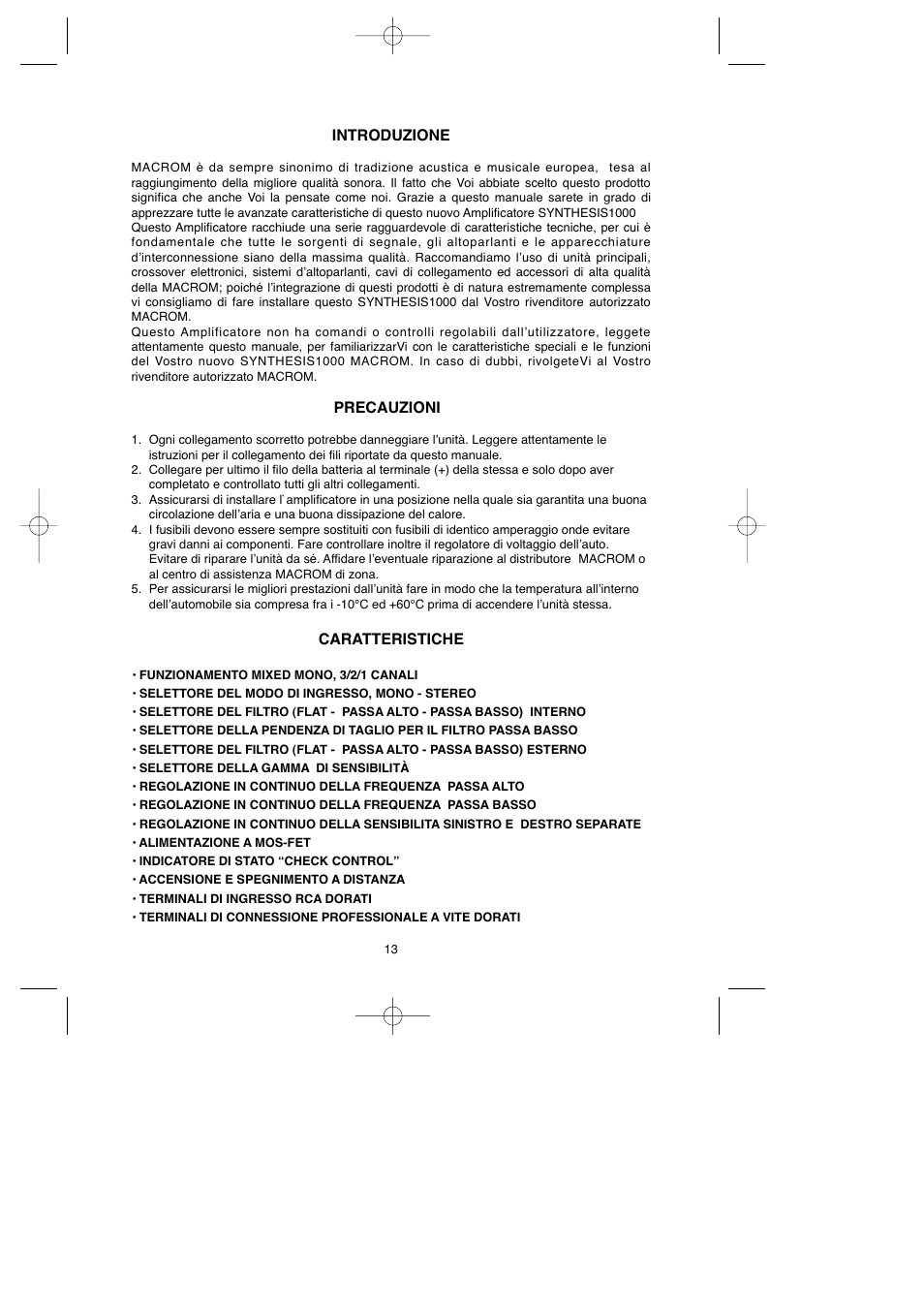 Introduzione, Precauzioni, Caratteristiche | Macrom 1000 User Manual | Page 17 / 25