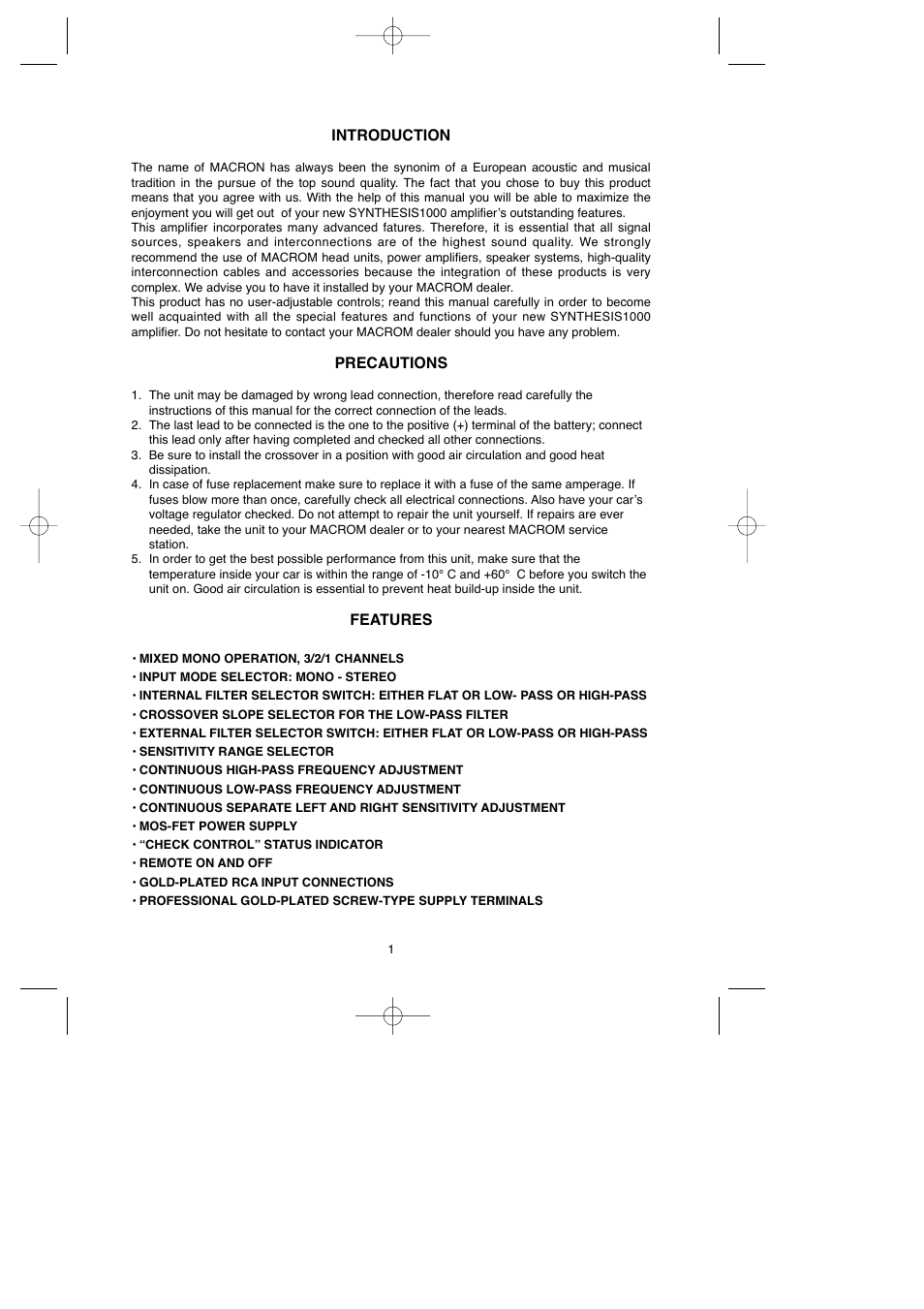Introduction, Precautions, Features | Macrom 1000 User Manual | Page 5 / 25