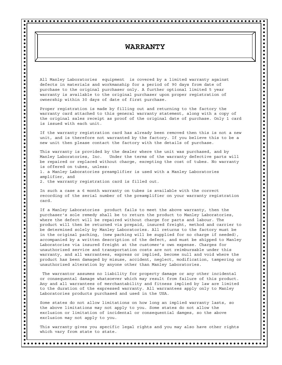 Warranty | Manley 16 x 2 TUBE MIXER 2000 - 2002 up to 106 User Manual | Page 18 / 22