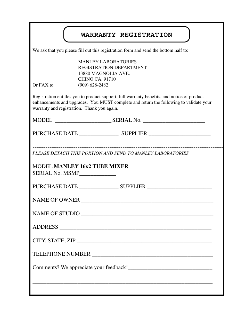 Warranty registration | Manley 16 x 2 TUBE MIXER 2000 - 2002 up to 106 User Manual | Page 19 / 22