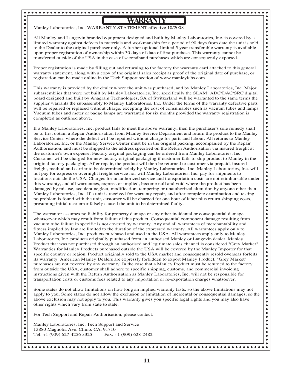 Warranty | Manley Neo-Classic 300B Preamplifier 2002 - 2008 User Manual | Page 11 / 12
