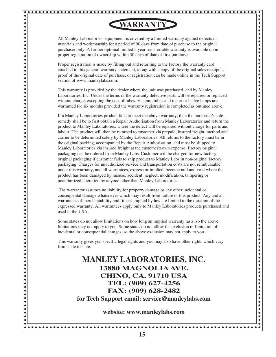 Warranty, Manley laboratories, inc | Manley Labs MM/MC GRAMOPHONE CARTRIDGE PREAMPLIFIER User Manual | Page 15 / 16