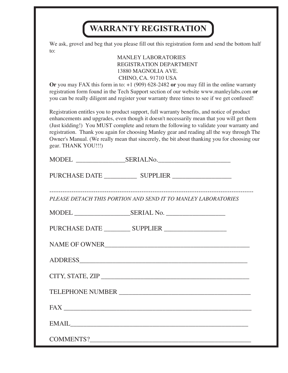Warranty registration | Manley Labs MM/MC GRAMOPHONE CARTRIDGE PREAMPLIFIER User Manual | Page 16 / 16