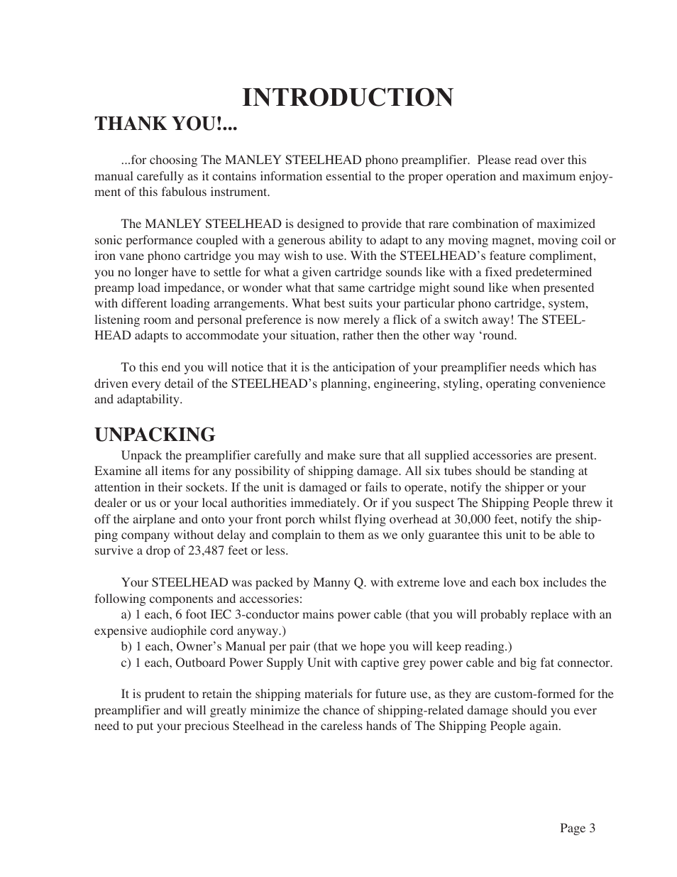 Introduction, Unpacking | Manley Labs MM/MC GRAMOPHONE CARTRIDGE PREAMPLIFIER User Manual | Page 3 / 16