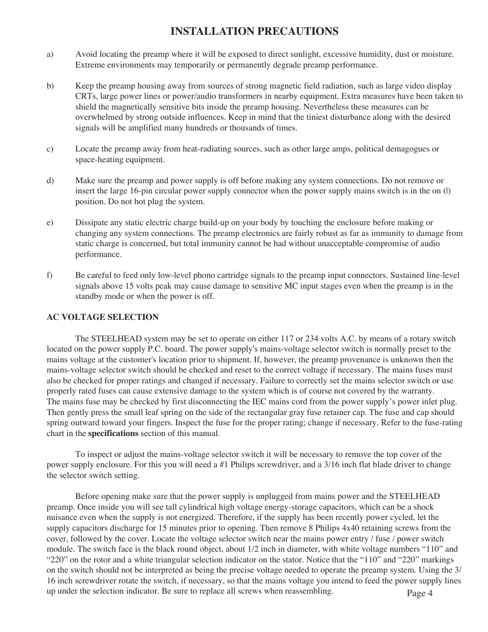 Installation precautions | Manley Labs MM/MC GRAMOPHONE CARTRIDGE PREAMPLIFIER User Manual | Page 4 / 16