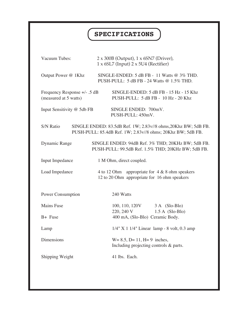 Specifications | Manley NEO-CLASSIC SE / PP 300B AMPLIFIER User Manual | Page 10 / 12