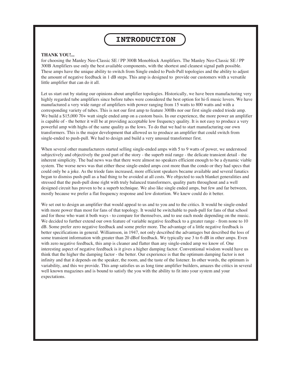 Introduction | Manley NEO-CLASSIC SE / PP 300B AMPLIFIER User Manual | Page 3 / 12