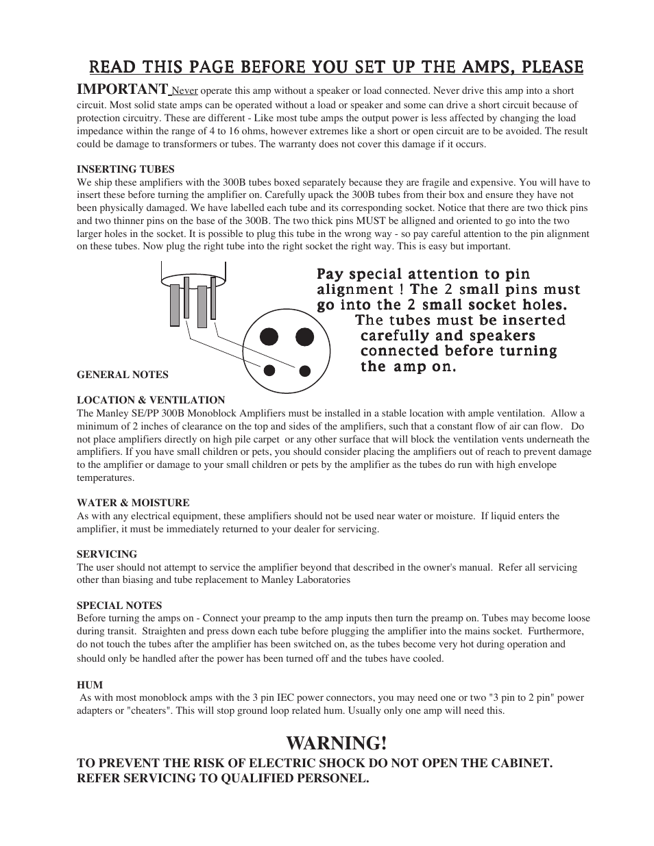 Warning | Manley NEO-CLASSIC SE / PP 300B AMPLIFIER User Manual | Page 4 / 12
