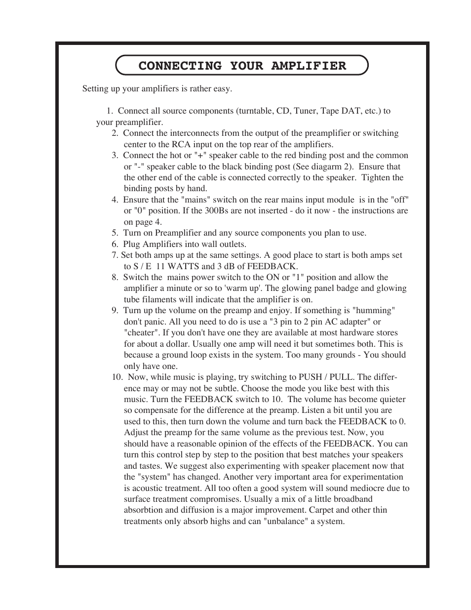 Connecting your amplifier | Manley NEO-CLASSIC SE / PP 300B AMPLIFIER User Manual | Page 6 / 12