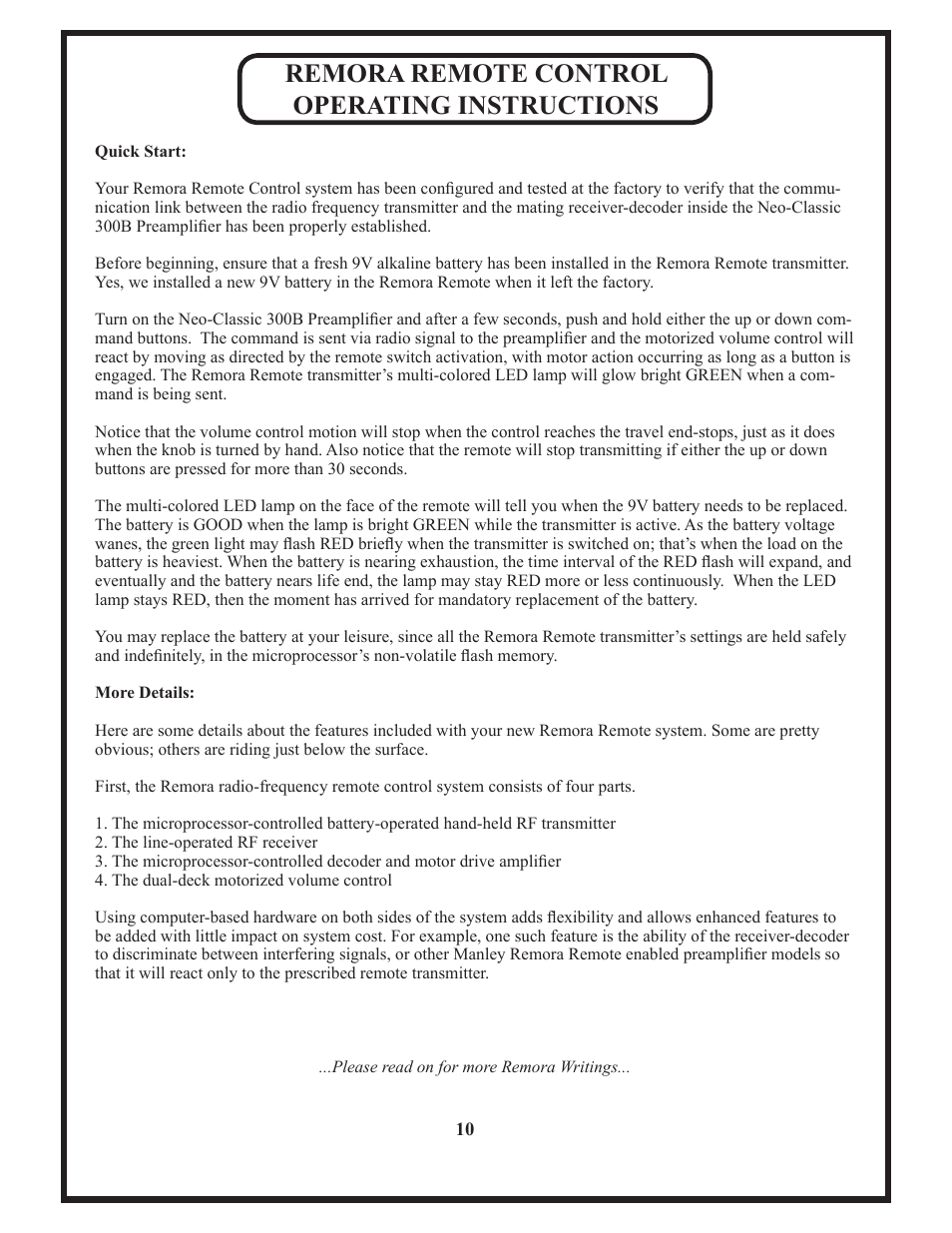 Remora remote control operating instructions | Manley Neo-Classic 300B RC Preamplifier 2008 - present User Manual | Page 10 / 14