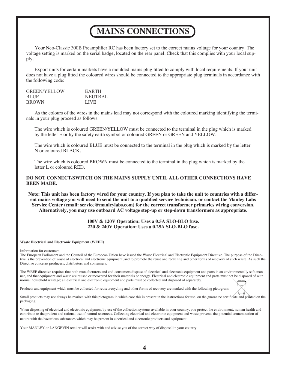 Mains connections | Manley Neo-Classic 300B RC Preamplifier 2008 - present User Manual | Page 4 / 14
